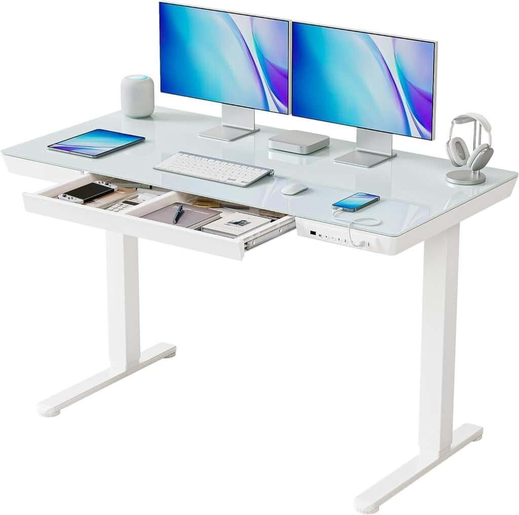 BANTI Electric Standing Desk with Drawers, 48 inch Whole-Piece Glass Desktop, Height Adjustable Stand up Sit Stand Home Office Ergonomic Workstation, White Tabletop