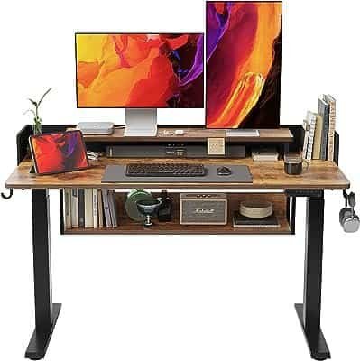FEZIBO 55x24 Inches Standing Desk Adjustable Electric Height with Drawers, Double Storage Shelves Stand Up Desk, Home Offi...