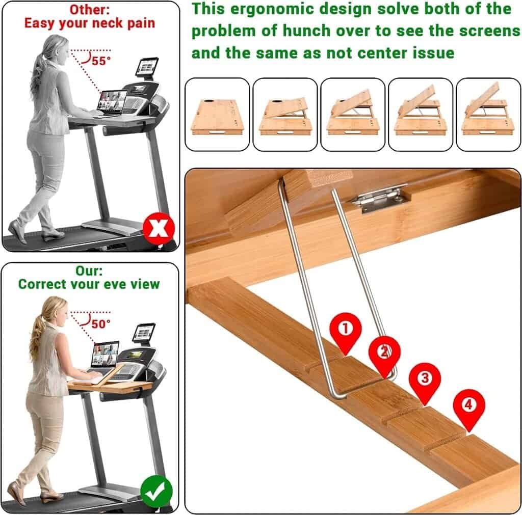JOSHMAR Treadmill Desk Attachment – Premium Walking Desk Connected with Riser, Cup and Phone Holder. Adjustable Ergonomic Bamboo Treadmill Laptop Holder for Home or Office Workstations.