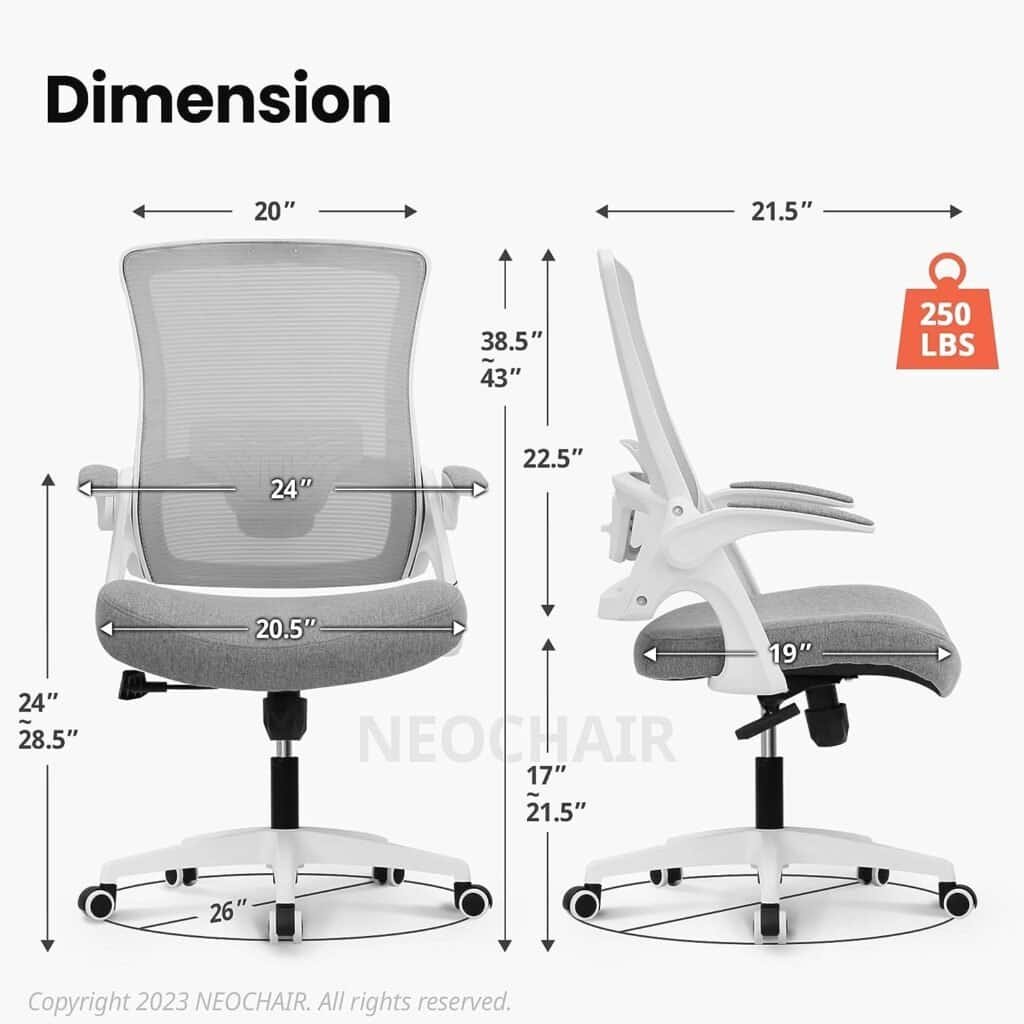 NEO CHAIR High Back Mesh Chair Adjustable Height and Ergonomic Design Home Office Computer Desk Chair Executive Lumbar Support Padded Flip-up Armrest Swivel Chair (Grey)
