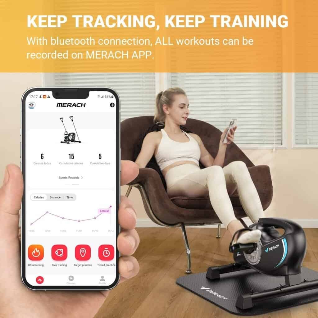 Under Desk Bike Pedal Exerciser, Quiet Magnetic Mini Exercise Bike with MERACH App for Arm, Leg Recovery, Physical Therapy, Smooth Foot Desk Cycle with 2 Resistance Bands  Non-Slip Mat