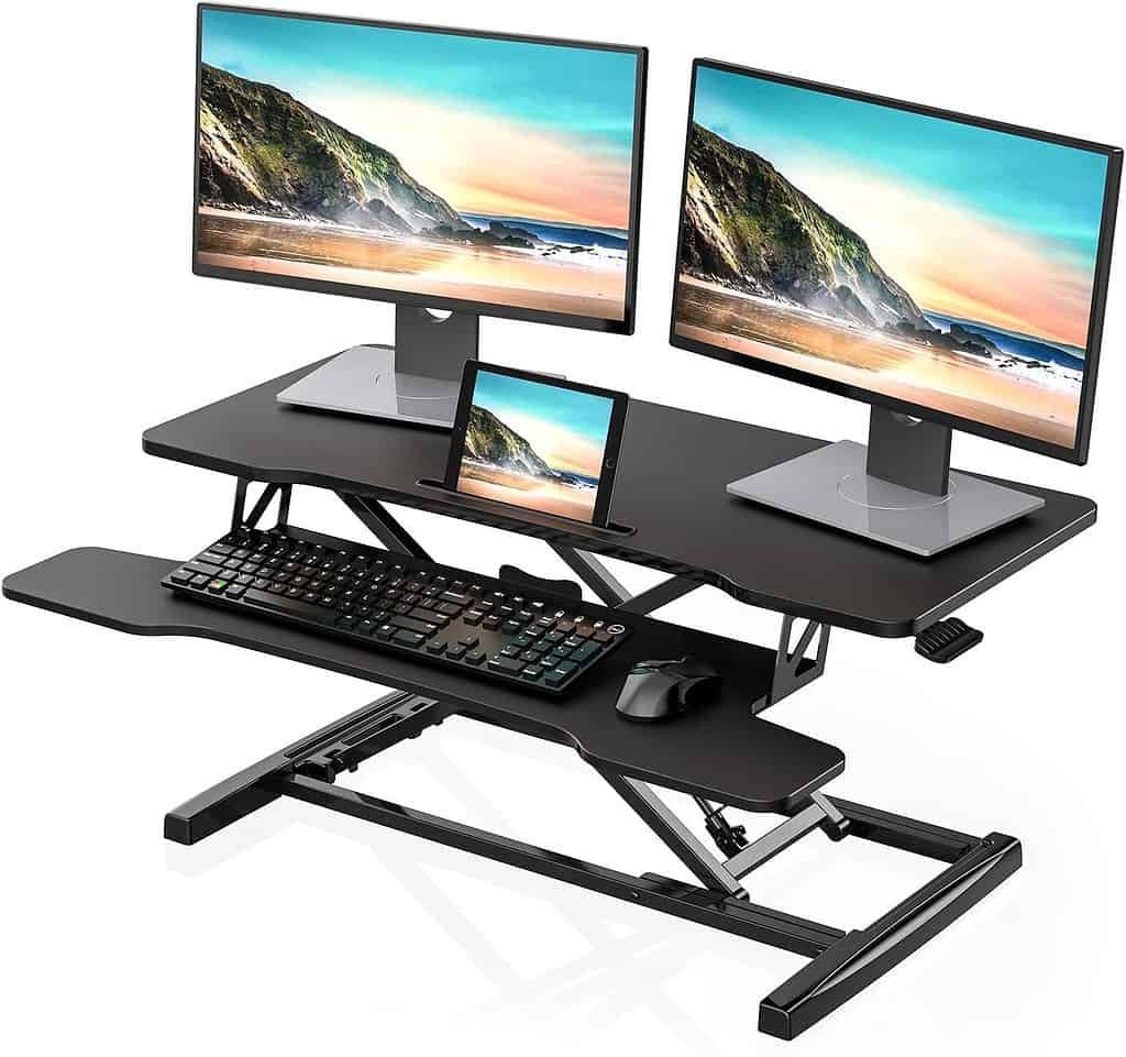 FITUEYES Height Adjustable Standing Desk 36” Wide Sit to Stand Converter Stand Up Desk Tabletop Workstation for Laptops Dual Monitor Riser Black SD309101WB